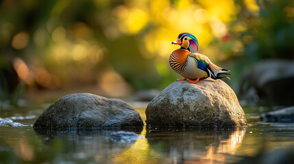 Mandarin ducks, perched on a large rock in the middle of a small river, their colorful feathers shining in the morning sunlight, Ai generated images