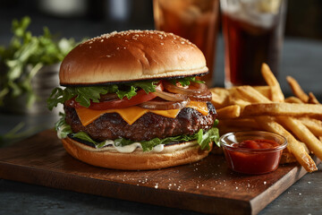  burger with french fries on wooden