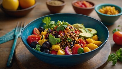 Wall Mural - A vibrant plant-based dish in a colorful bowl, featuring fresh ingredients and artistic presentation.