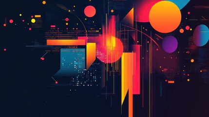 Wall Mural - Abstract digital art with geometric shapes and vibrant colors on a dark background