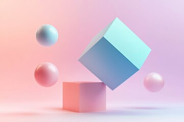 Wall Mural - A visually captivating arrangement of geometric shapes showcasing a floating cube and spheres against a soft gradient background.