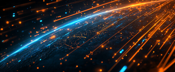 Wall Mural - abstract background of earth viewed from orbit, featuring glowing blue and orange light streaks inte
