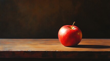 Wall Mural - A Single Red Apple on a Wooden Surface