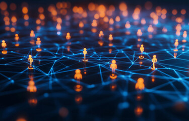 Wall Mural - abstract digital network with glowing connections and people figures, representing global connectivi