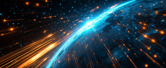 Wall Mural - abstract background of earth viewed from orbit, featuring glowing blue and orange light streaks inte