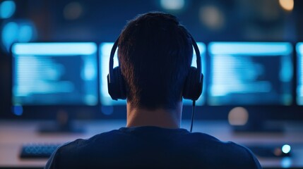 Back view of person wearing headphones, working on multiple computer screens in a dark room, focused on coding or debugging.