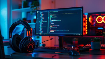 computer monitor with programming code and headphones in the office