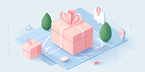 A colorful illustration of gift boxes on map, symbolizing delivery and location. design features pink gifts, leaves, and directional markers, evoking sense of joy and anticipation.