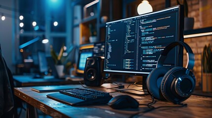 Computer monitor with programming code and headphones in the office