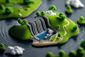 Wall Mural - Hydropower sustainability and environmental impact are showcased in a dynamic illustration of a modern dam with emphasis on clean energy