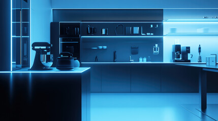 Wall Mural - Conceptual kitchen gadgets displayed in a futuristic showroom