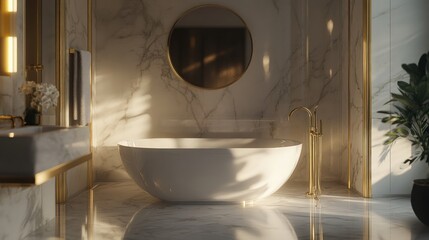 Wall Mural - Modern Bathroom with White Bathtub and Gold Accents