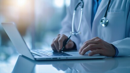 Doctor using a laptop to enter data in a modern medical office, focusing on healthcare technology and patient records management.