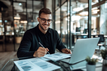 Wall Mural - A smiling young man in glasses is sitting at the table with a laptop, working on a project. He is holding a pen over a paper sheet near the computer screen in a modern office room with glass walls. 