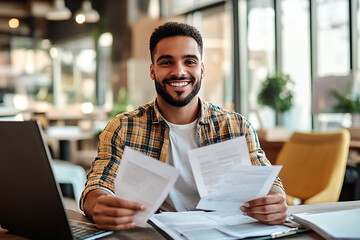 Wall Mural - A smiling male financial professional in casual attire, sitting at an office desk with papers and a laptop open beside him.