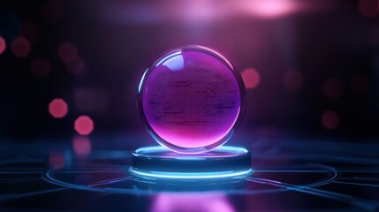 Wall Mural - Futuristic glowing glass sphere on digital interface with neon lights, perfect for technology or sci-fi themed projects.