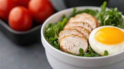 Healthy breakfast bowl with fried egg, sliced chicken, and fresh greens, complemented by ripe tomatoes in the background.