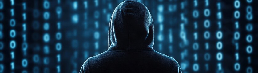 Mysterious hooded figure standing before a digital binary code background, representing cyber security, hacking, and digital crime concepts.