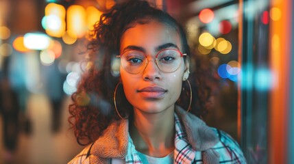 A confident young Black woman shines in a vibrant, bustling city full of colorful lights