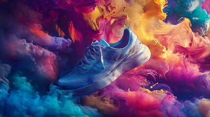 White Sneaker Floating in Colorful Smoke