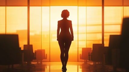 Wall Mural - Silhouette of a Woman Standing in Front of a Large Window with an Orange Sunset