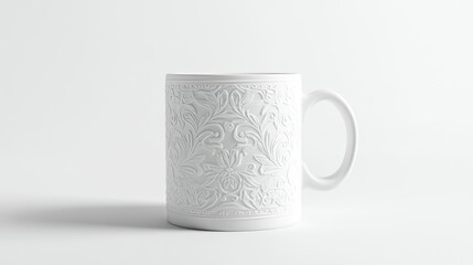 Sticker - White Ceramic Mug with Intricate Floral Embossed Design