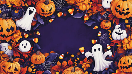 Wall Mural - A Halloween themed poster with a pumpkin and ghost in the center