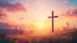 © Thiago - Cross of jesus christ on sunset sky background. christian religion concept. Sunset. Illustration