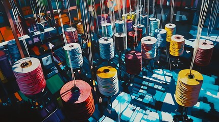 Wall Mural - Colorful Spools of Thread Hanging in a Factory