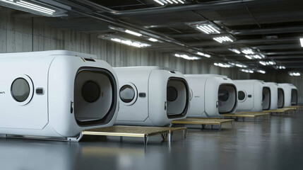 Mocap of futuristic emergency shelters neatly arranged on a bright metal table