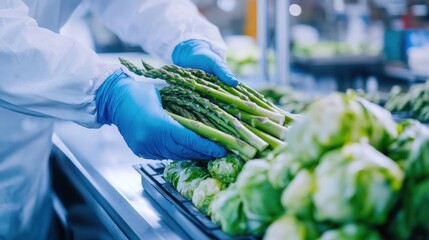 Worker in a food factory handling asparagus