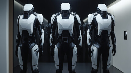 Canvas Print - Mocap of futuristic exoskeleton suits displayed in a sleek high-tech showroom