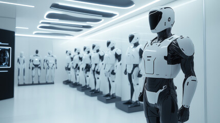 Canvas Print - Mocap of futuristic exoskeleton suits displayed in a sleek high-tech showroom