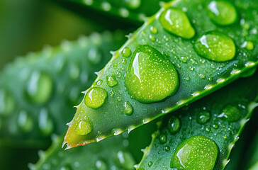 Wall Mural - close-up of the aloe vera leaves with water droplets on them