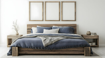 Rustic wooden bed with blue pillows and two bedside cabinets against white wall with three posters frames. Farmhouse interior design of modern bedroom.