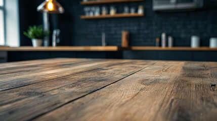 A close-up of a rustic wooden table surface in a modern kitchen interior featuring shelves, blurred kitchenware, and warm lighting.