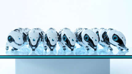 Mocap of futuristic robotic pets neatly organized on a sleek glass table isolated