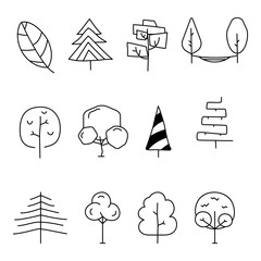 Wall Mural - Simple and minimalist tree icons collection. Line art silhouette trees. Stock linear symbols set