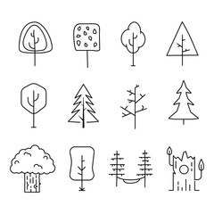 Wall Mural - Simple and minimalist tree icons collection. Line art silhouette trees. Stock linear symbols