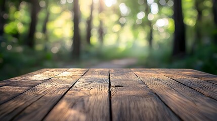 Canvas Print - Wooden Surface with Soft-Focus Nature Backdrop for Clean Product Presentation