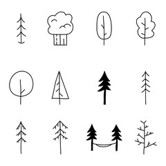 Wall Mural - Minimalist tree icons collection. Line art silhouette trees. Stock symbols set