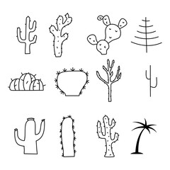 Wall Mural - Simple and minimalist tree and cactuses icons collection. Line art silhouette trees. Stock symbols set