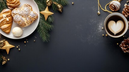 A festive table setting with pastries, coffee, and holiday decorations, perfect for winter celebrations and cozy gatherings.