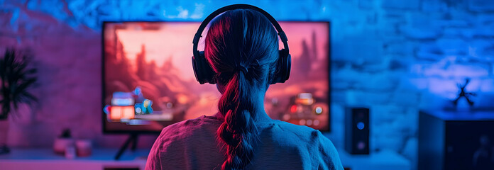 Teenage girl wearing headphones plays video game on large TV screen using joystick with friends winning prizes Backlit by neon lights having fun with adventure games