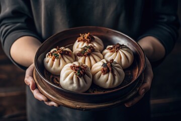 Realistic close-up image of Chinese pan-fried bao buns on a decorative porcelain plate, steam rising from the buns to highlight their warmth and freshness