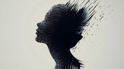 Silhouette of a female figure disintegrating into intricate web patterns