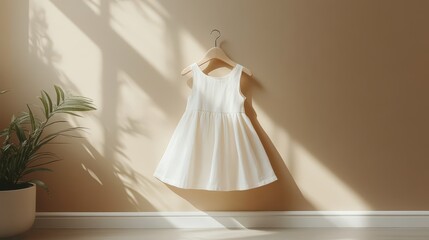 A charming white children's dress hanging gracefully on a hanger against a soft beige background, capturing the essence of innocence and simplicity in a gentle light