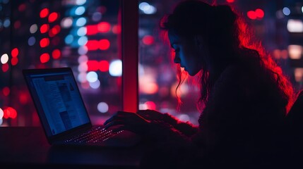 Wall Mural - A girl works on her laptop in the dark, illuminated by red lights from outside. The atmosphere is mysterious and moody