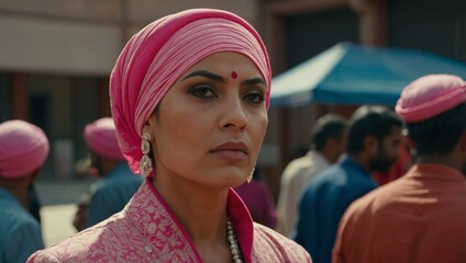 Wall Mural - A woman sporting a pink turban as part of her ensemble.