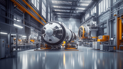 High-tech aerospace manufacturing facility with futuristic rocket components, advanced machinery, and industrial robotics in a spacious, modern environment